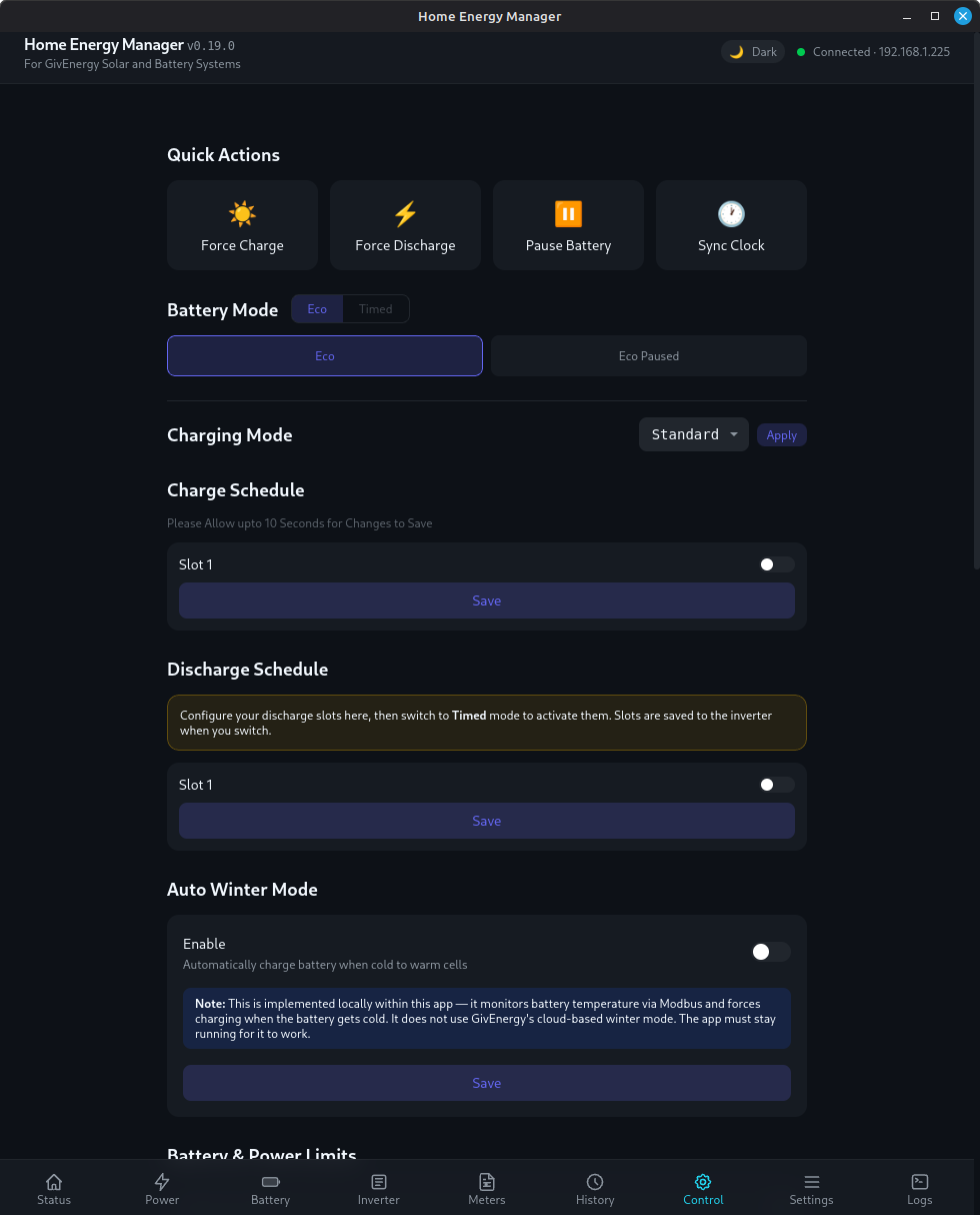 Control Panel — schedules, modes, and SOC limits