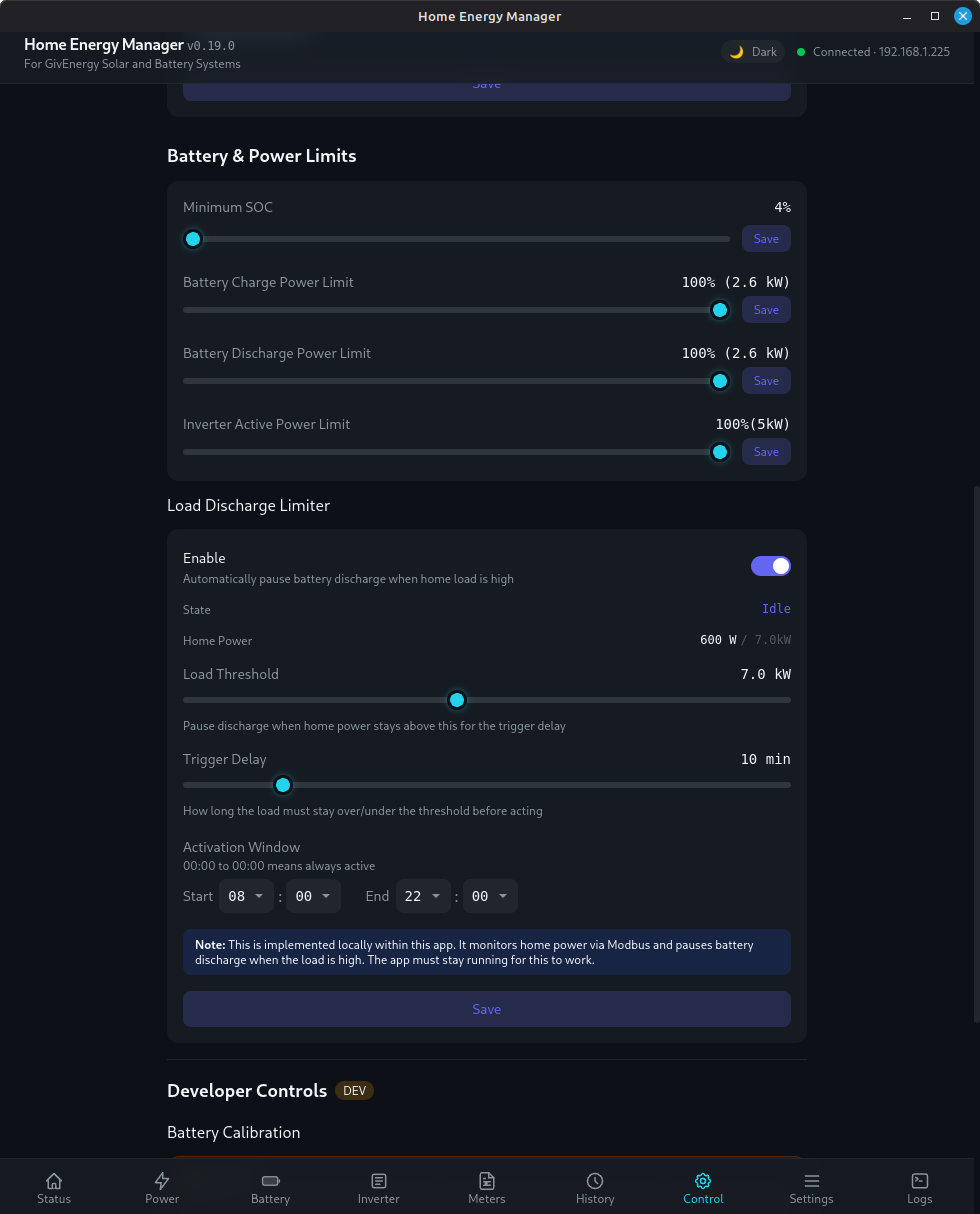 Control Panel — schedules, modes, and SOC limits