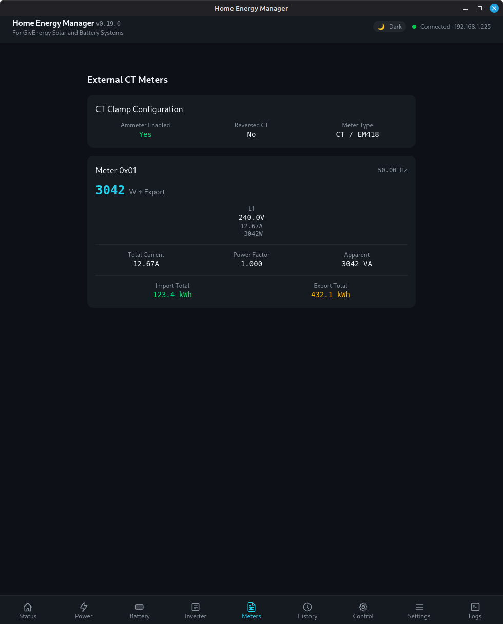 Meters — external meter and CT clamp data