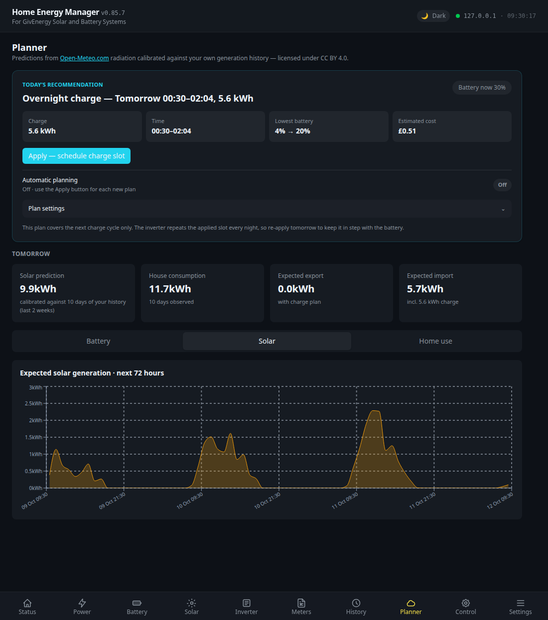 Planner — 72-hour solar generation forecast calibrated against your own history