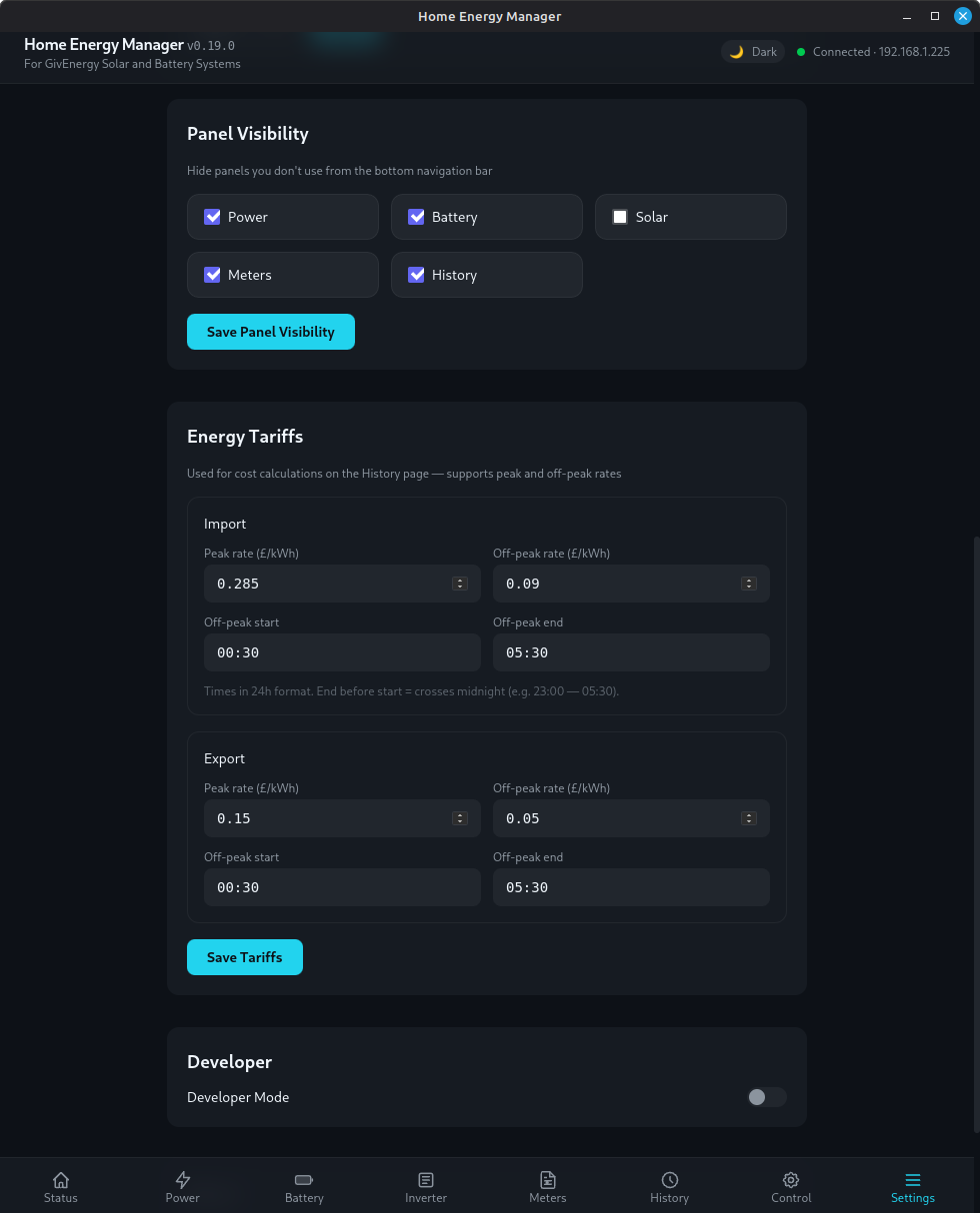 Settings — connection configuration