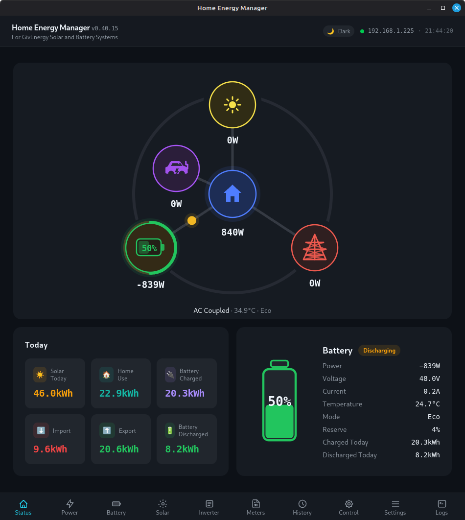Status Dashboard — real-time power monitoring with energy flow diagram